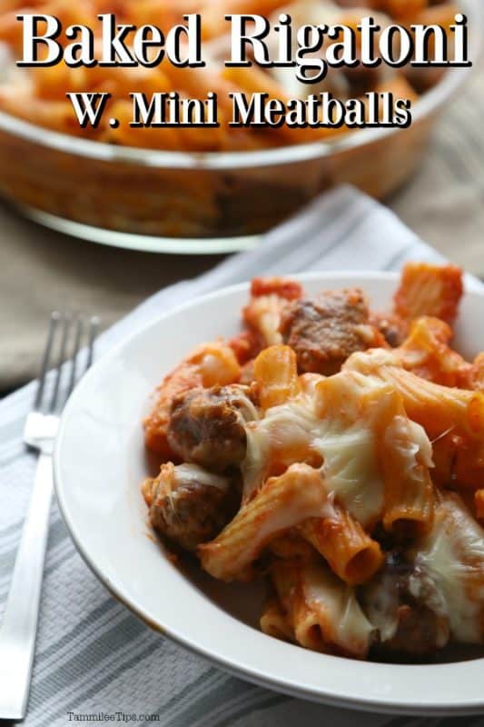 Baked Rigatoni with mini meatballs above a bowl of pasta next to a fork