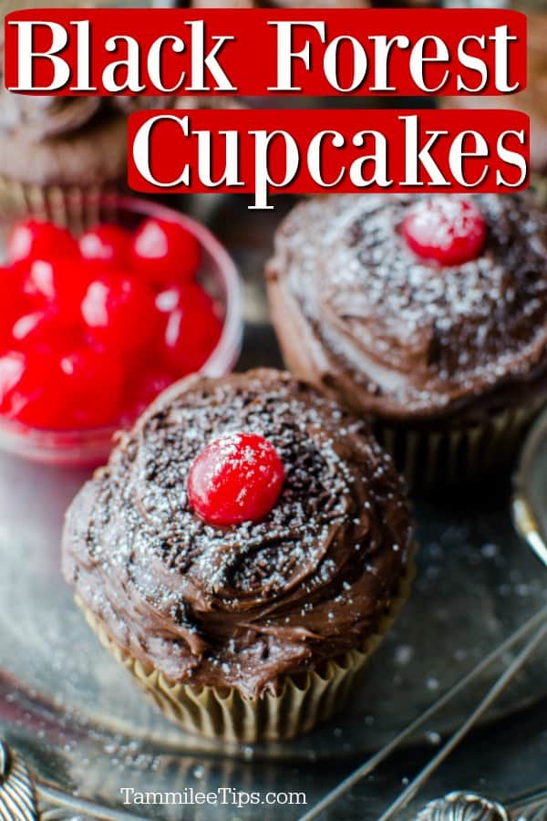black forest cupcakes on a tray with a bowl of cherries
