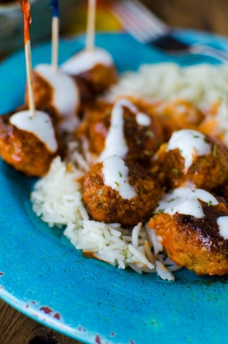 Crockpot buffalo chicken meatballs on a blue plate