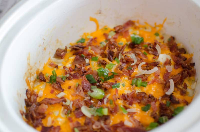 bacon, melted cheese, onion on top of potatoes in a slow cooker