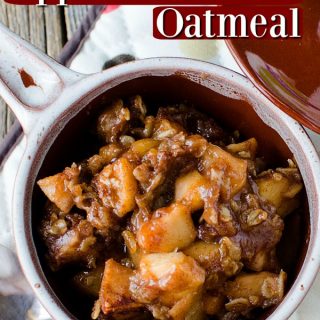 Crockpot Apple Cinnamon Oatmeal over a white bowl with apple oatmeal