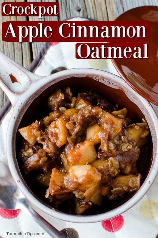 Crockpot Apple Cinnamon Oatmeal over a bowl filled with oatmeal on a cloth napkin