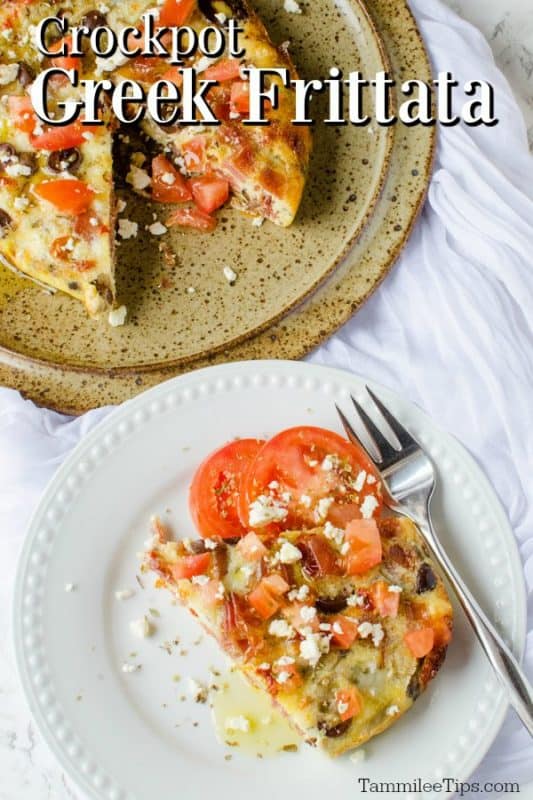 Crockpot Greek Frittata over a plate with a slice of frittata and tomatoes, next to serving dish. 