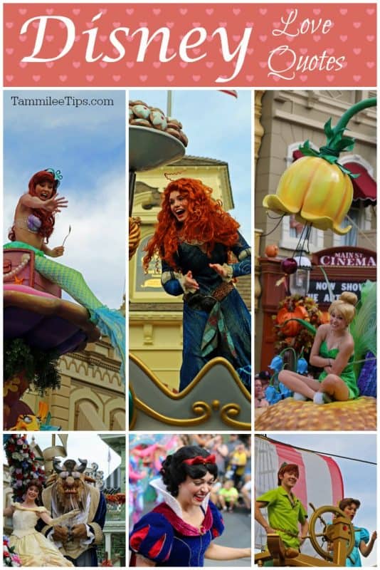 Disney Love Quotes printed over pictures of Ariel, Merida, Tinkerbell, Beauty and the Beast, Snow White, and Peter Pan