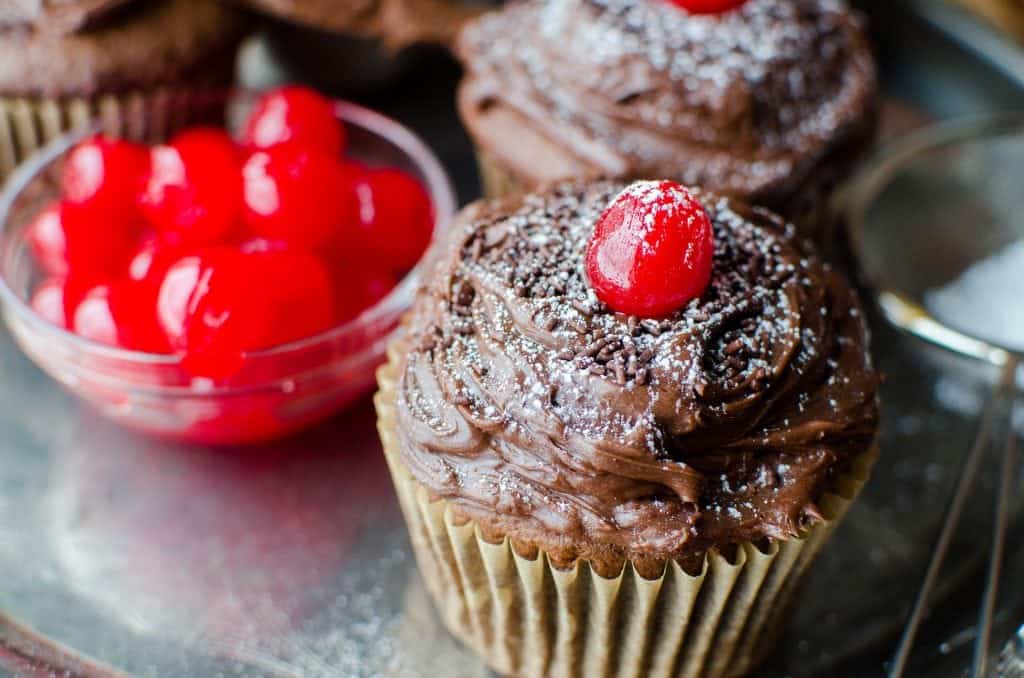 Easy Black Forest Cupcakes Recipe you will love! A delicious German treat that tastes so good! Made with cake mix, cherries and more! 