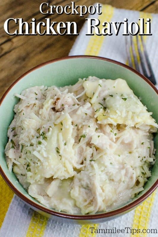 Crockpot Chicken Ravioli over a green bowl with ravioli, chicken, and cheese 