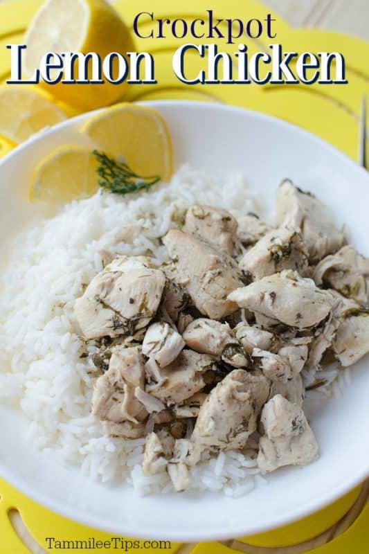 Crockpot lemon chicken over a white plate with chicken, rice, and lemon slices 