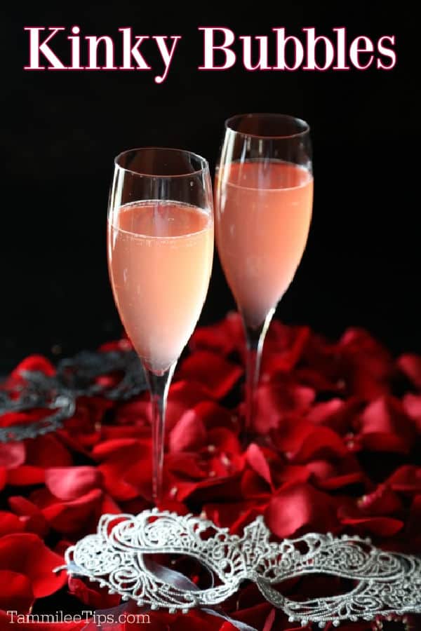 Kinky Bubbles text over two champagne flutes and rose petals