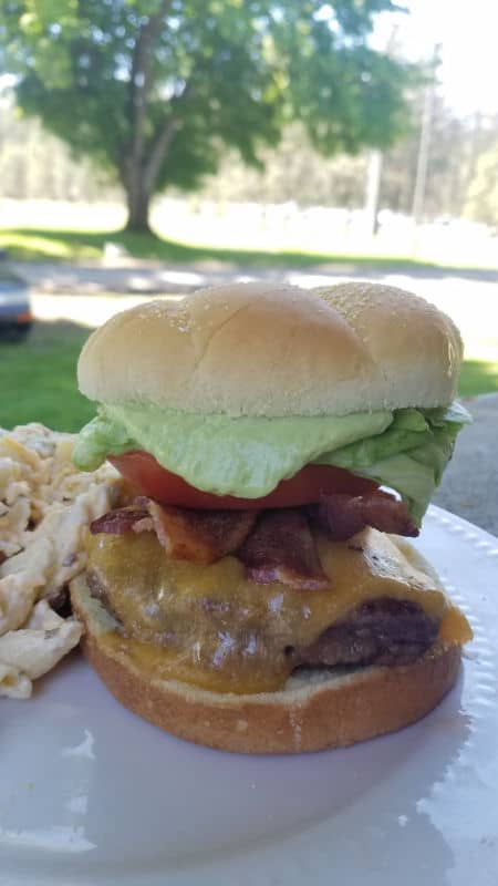 BLT Burger with Avocado Aioli on a white plate