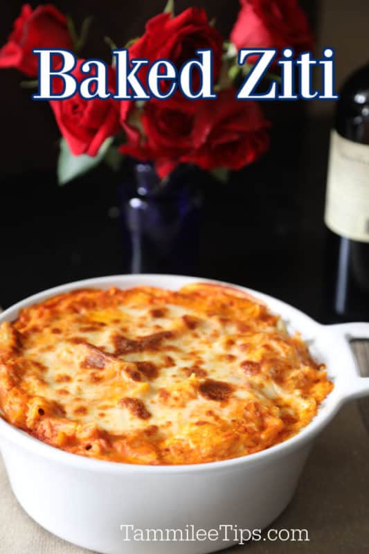 Baked ziti over a casserole dish and roses