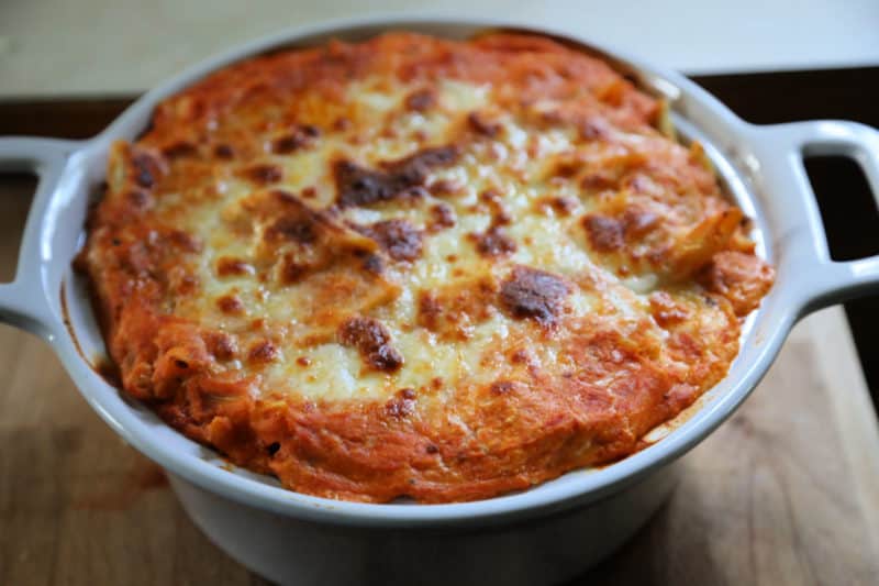 baked cheese on a white baking dish