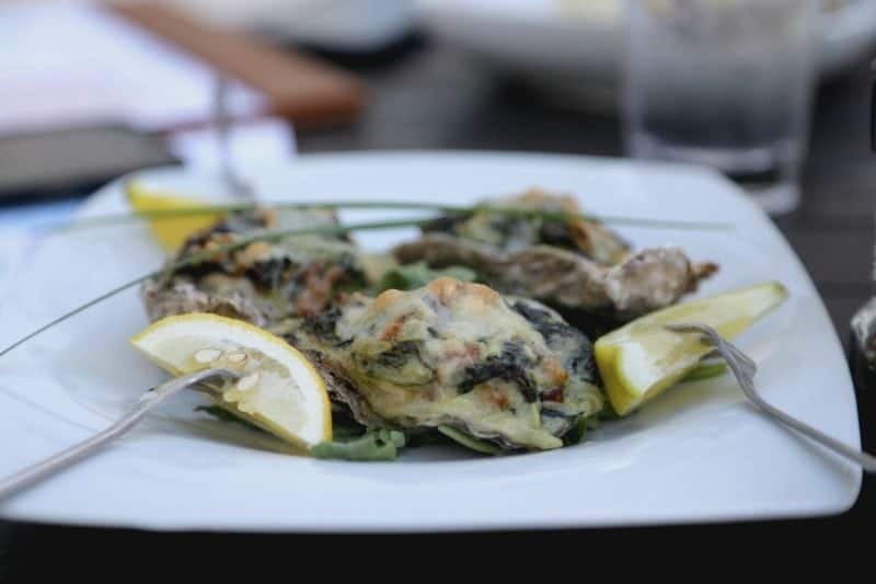 oysters with lemon slices on a white plate