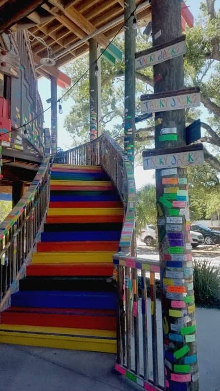 colorful stairs leading up to Tacky Jacks