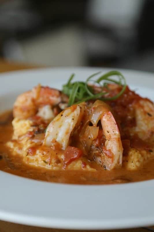 Shrimp and Grits on a white plate