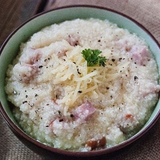 Easy Crock Pot Cheese Grits Recipe with leftover ham! Great for breakfast or brunch. The slow cooker crockpot does all the work.