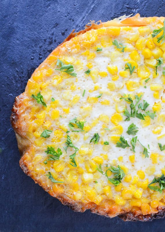 corn pudding on a slate board