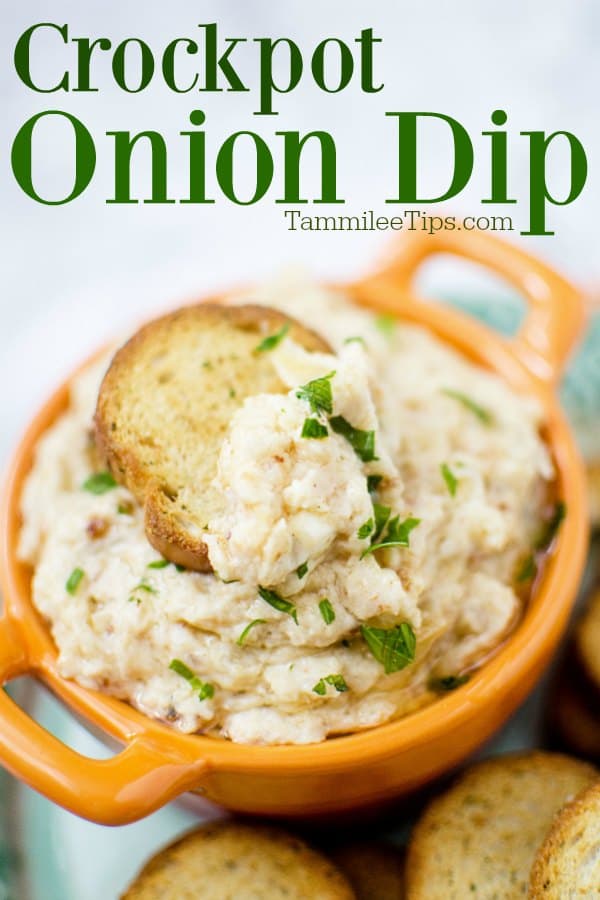Crockpot onion dip text over a bowl with dip and a slice of toast