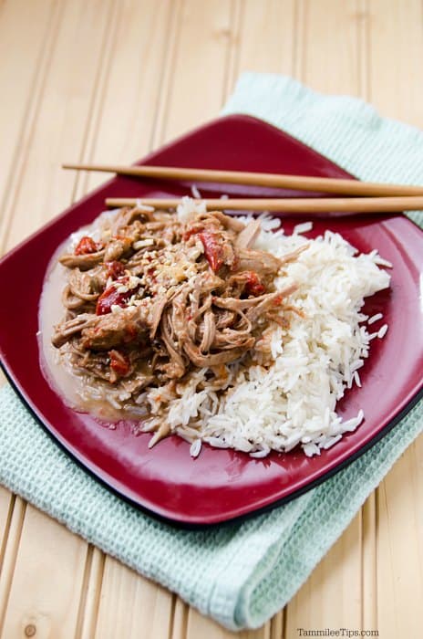 a red plate with Thai pork and rice next to chopsticks on a cloth napkin
