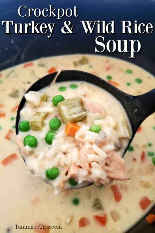 Crockpot Turkey & Wild Rice Soup text over a ladle with soup over a slow cooker 