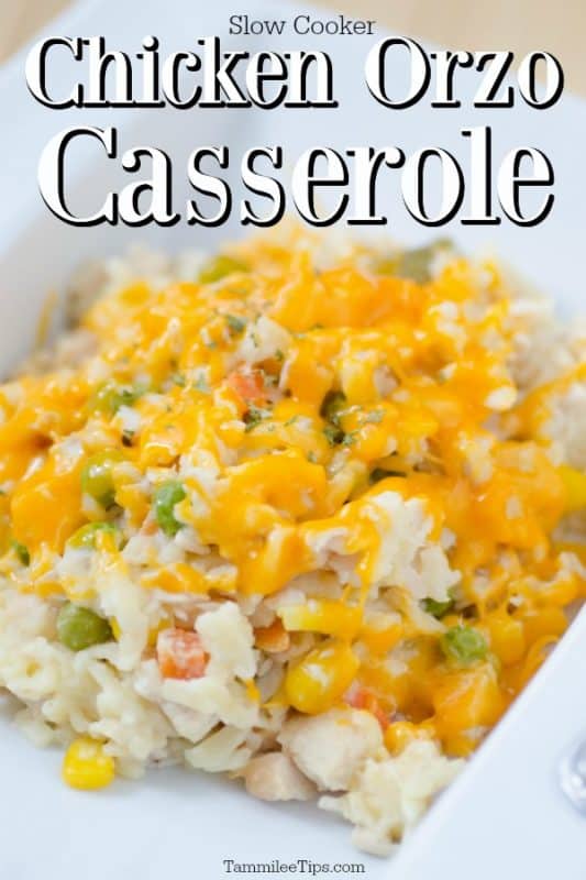slow cooker chicken orzo casserole over a white plate filled with casserole