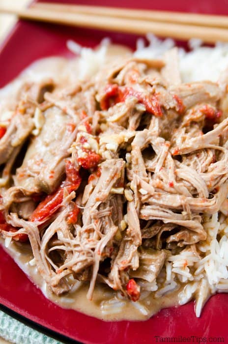 a red plate with Thai pork and rice next to chopsticks 