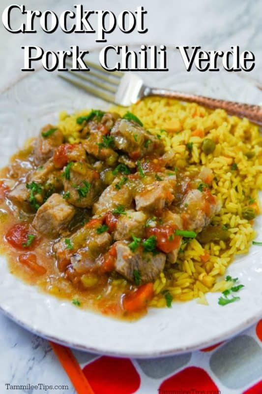 Crockpot Pork Chili Verde over a white bowl with pork and rice near a fork