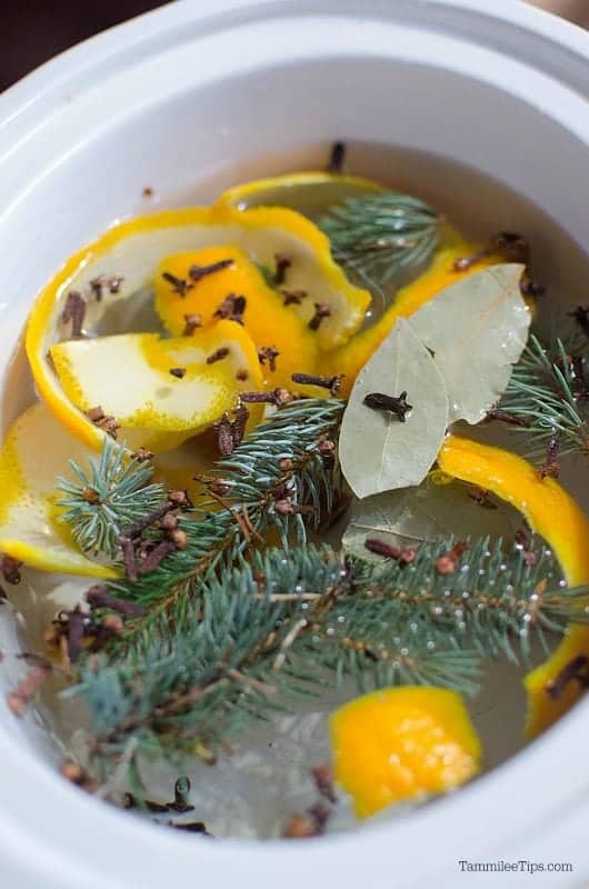 orange slices, pine needles, whole cloves, in water in a white crock pot to make Christmas potpourri crockpot