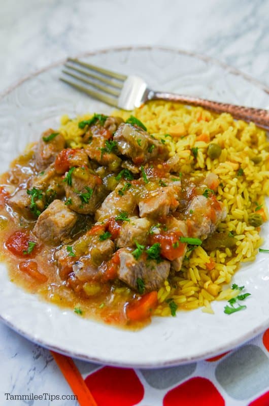a white plate with Crockpot Pork Chili Verde and rice near a fork