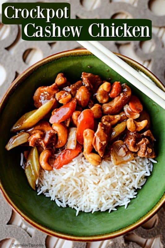 crockpot cashew chicken over a green bowl with cashew chicken and rice