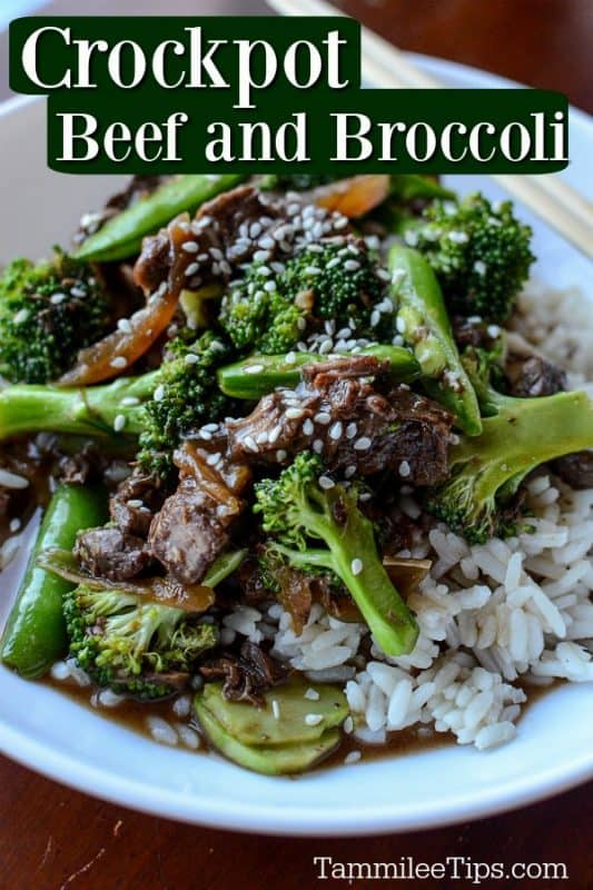 Crockpot Beef and Broccoli over a bowl filled with rice, broccoli, and sliced beef