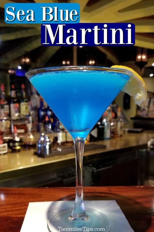 Sea Blue Martini text over a bright blue martini with a lemon wedge