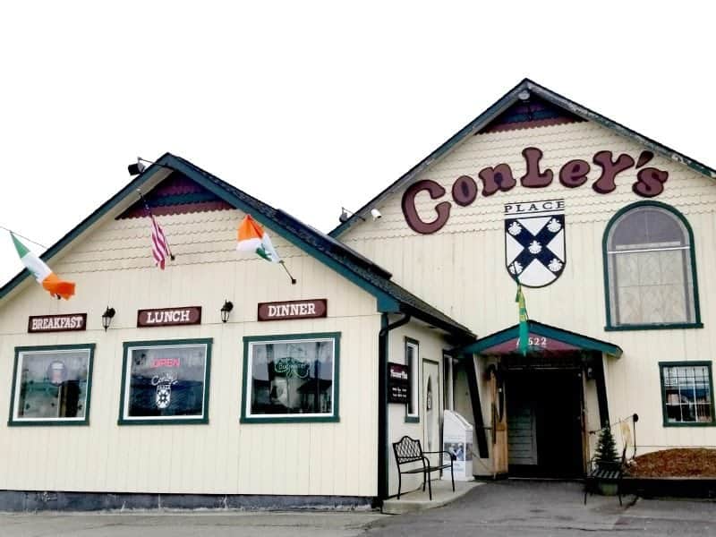 Conleys Restaurant exterior with Irish Flags