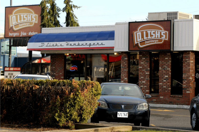 D. Lish's sign over the restaurant with cars in the parking lot