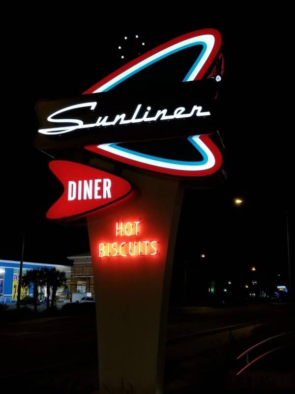 Sunliner Diner sign at night with hot biscuits light