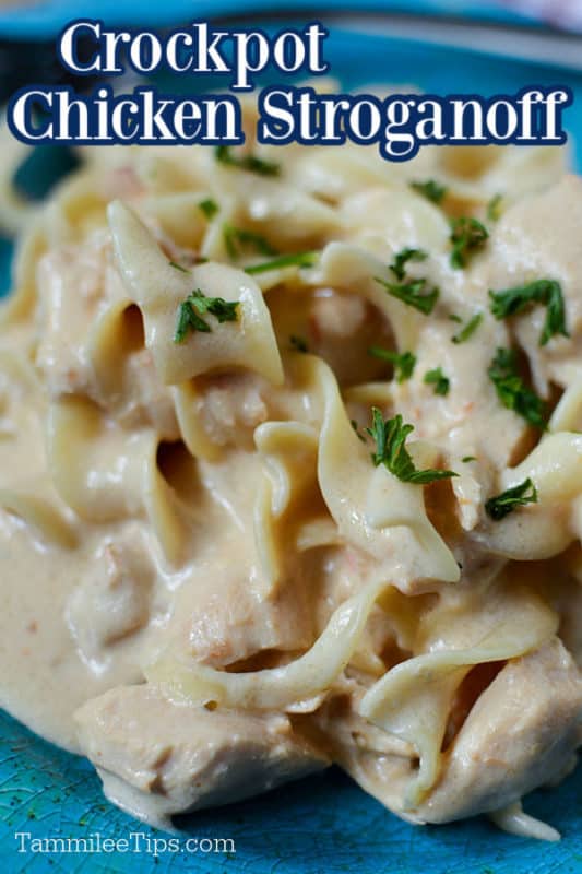 Crockpot Chicken Stroganoff text over a blue plate with stroganoff