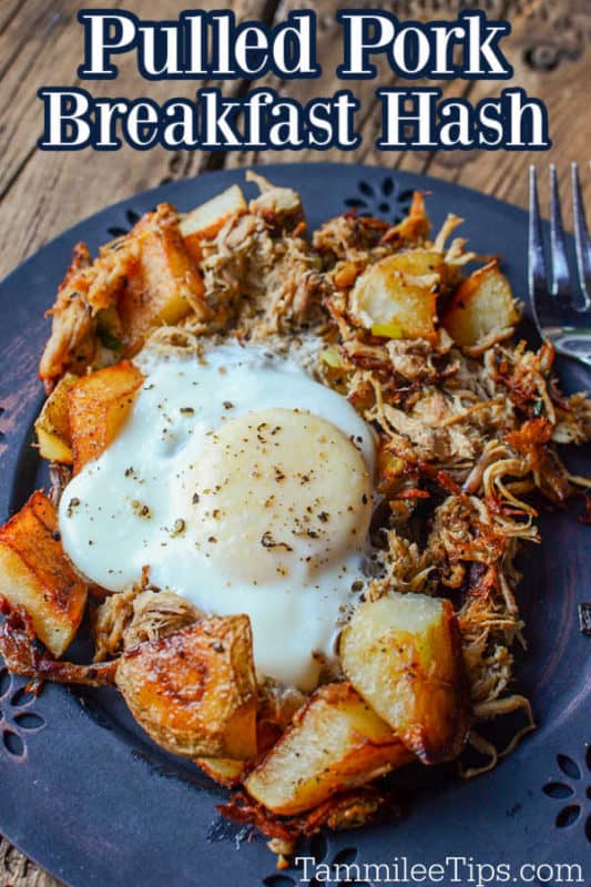 Pulled pork breakfast hash with an egg on a blue plate. 