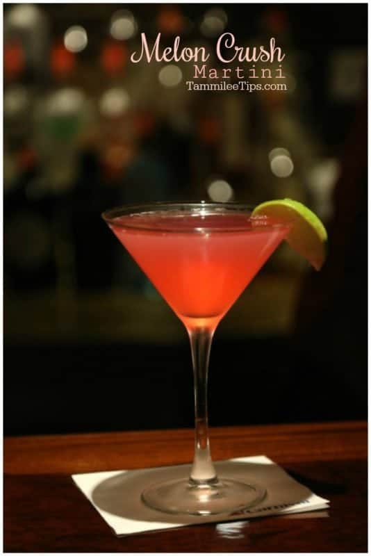 Melon Crush martini over a pink martini sitting on a Carnival napkin 