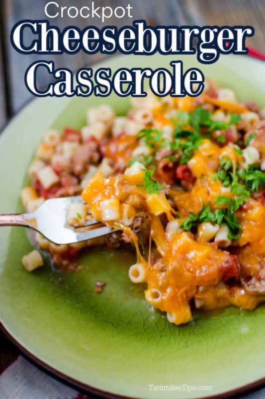 Crockpot Cheeseburger Casserole over a green plate with pasta, cheese, and hamburger