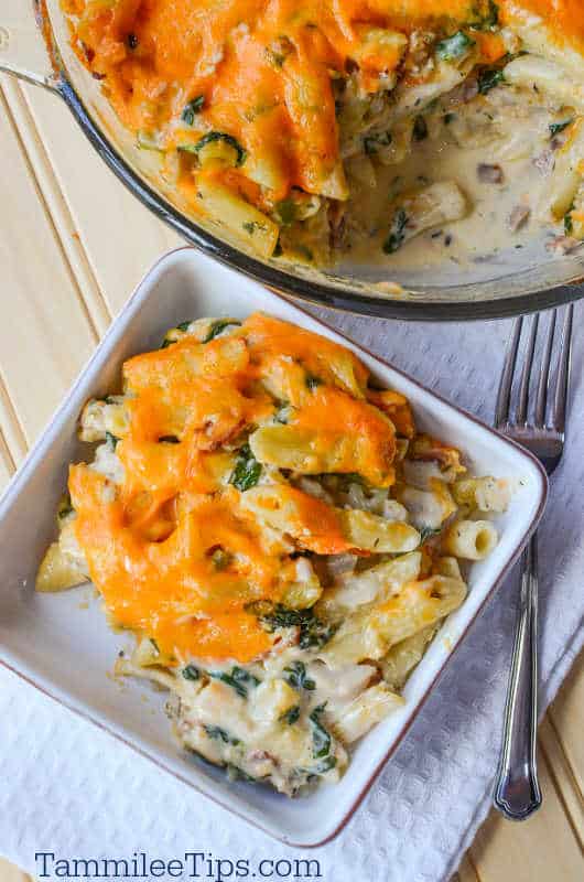 cheesy pasta casserole in a white bowl next to the serving dish and a fork