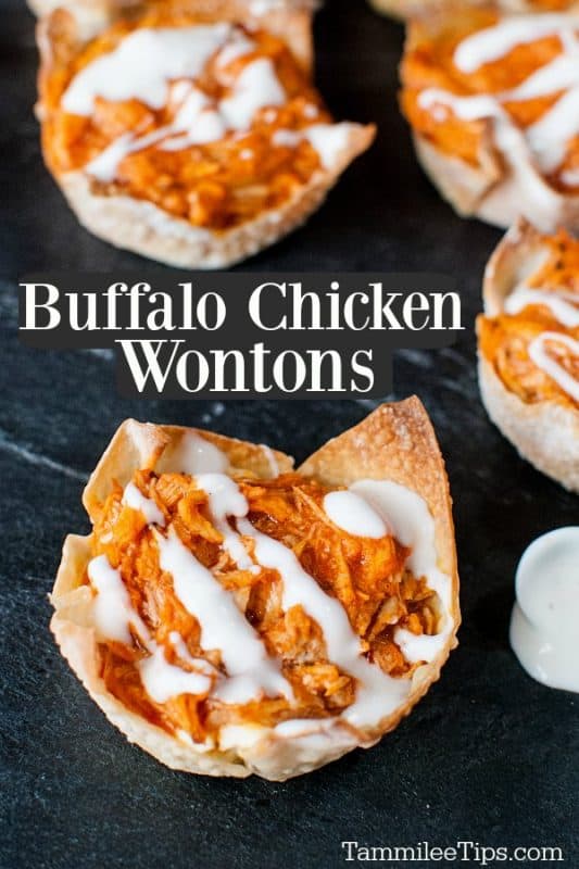 Buffalo Chicken Wontons text in between wontons on a slate