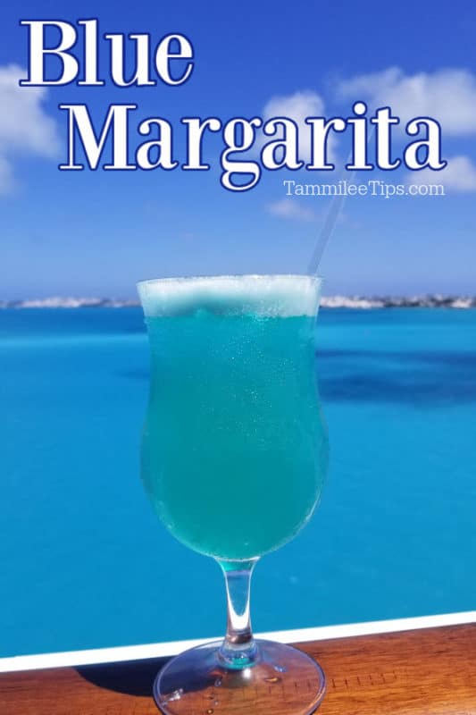 Blue Margarita text over a glass of Blue Margarita and blue ocean background