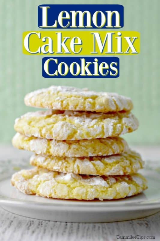 Lemon Cake Mix Cookies text over a plate with lemon crinkle cookies