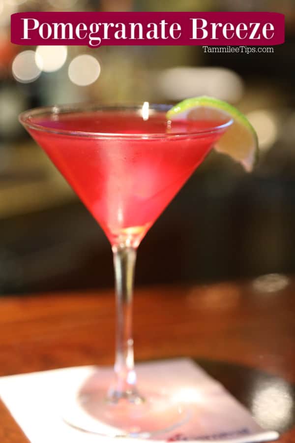 Pomegranate Breeze text over a pink martini with lime wedge