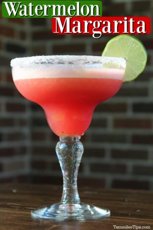 Watermelon Margarita text over a margarita glass with a Watermelon Margarita and lime wheel