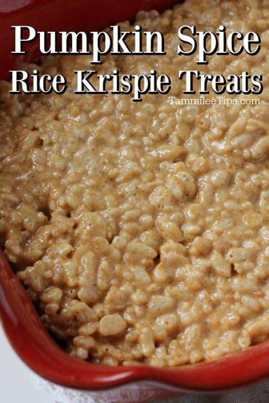 pumpkin spice rice krispie treats text written above a red pan filled with rice krispie treats