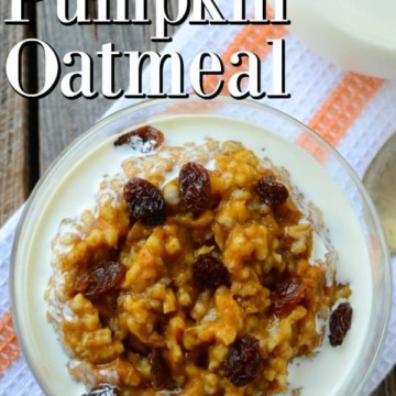 Crockpot Pumpkin Oatmeal text over a glass bowl of pumpkin oatmeal with cream