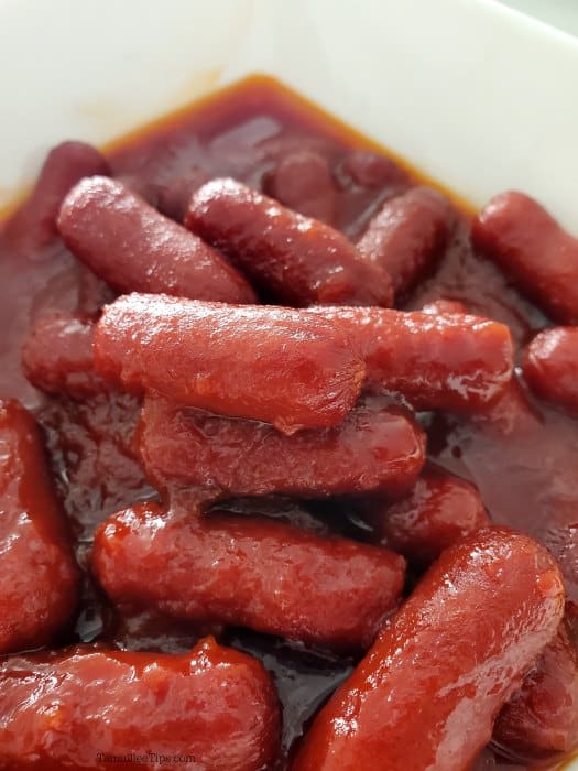 bourbon bbq litl smokies in a white bowl