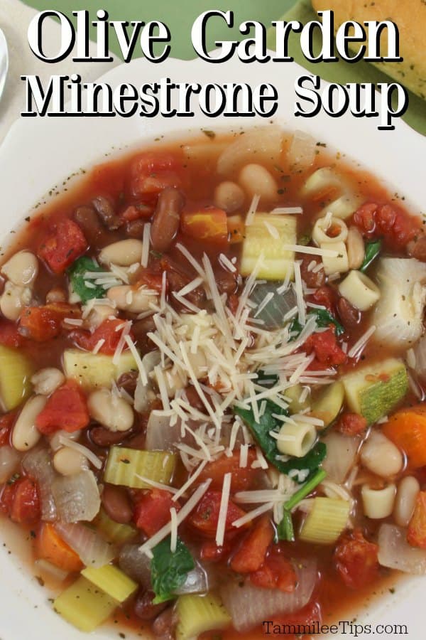Olive Garden Minestrone Soup text over a white bowl filled with vegetables and broth