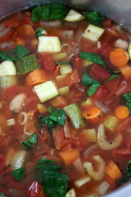 diced vegetables and pasta in a broth 