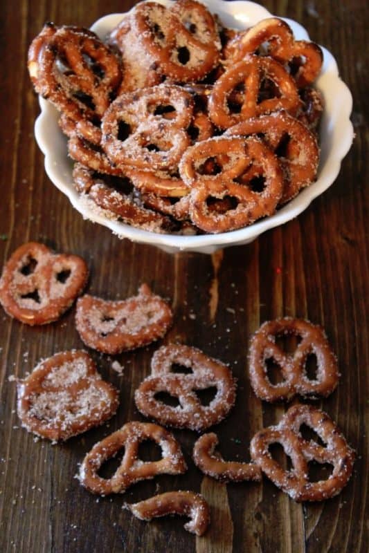 Cinnamon Sugar pretzels in a white bowl 